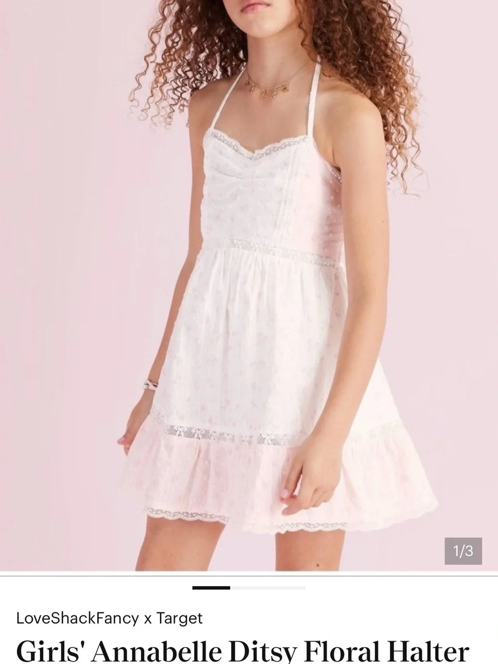 LoveShackFancy Girls' Pink and White Ditsy Halter Sundress
